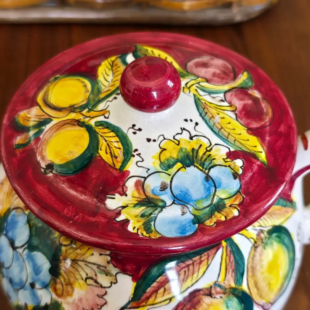 Deruta Hand Painted Teapot Red Multi Summer Fruit Italy Cottagecore Gardencore
